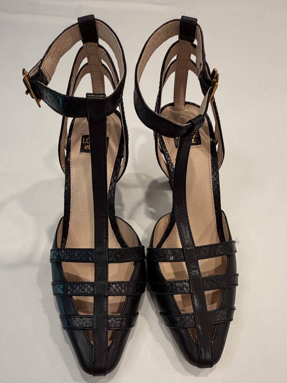 Louise et Cie Black Strappy Pointed-Toe Heels with Ankle Buckle